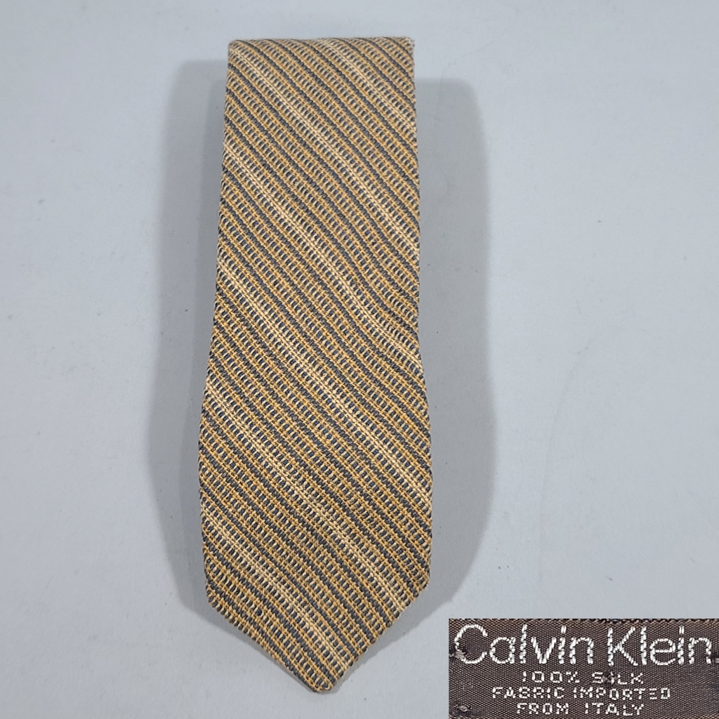 Calvin Klein Vintage 100% Silk Tie Linen Like Weave With Corse Texture Blue Tan